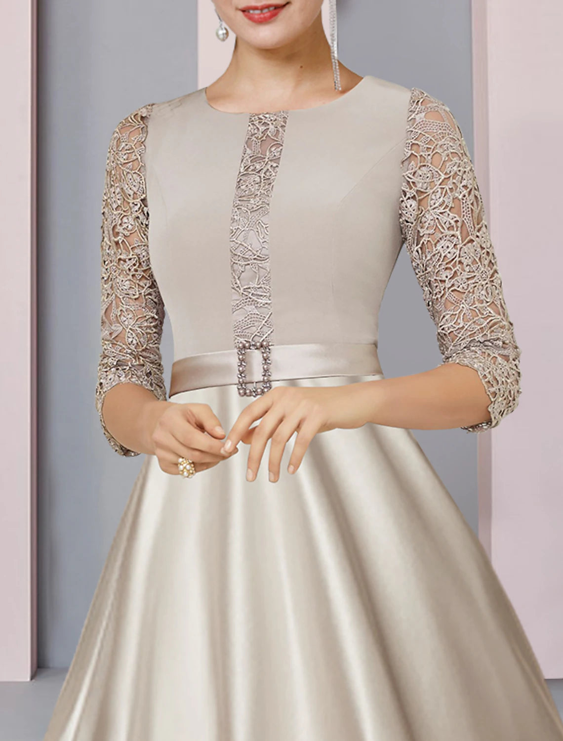 Back view of the A-Line Mother of the Bride dress, showing the tea length and fabric detail.