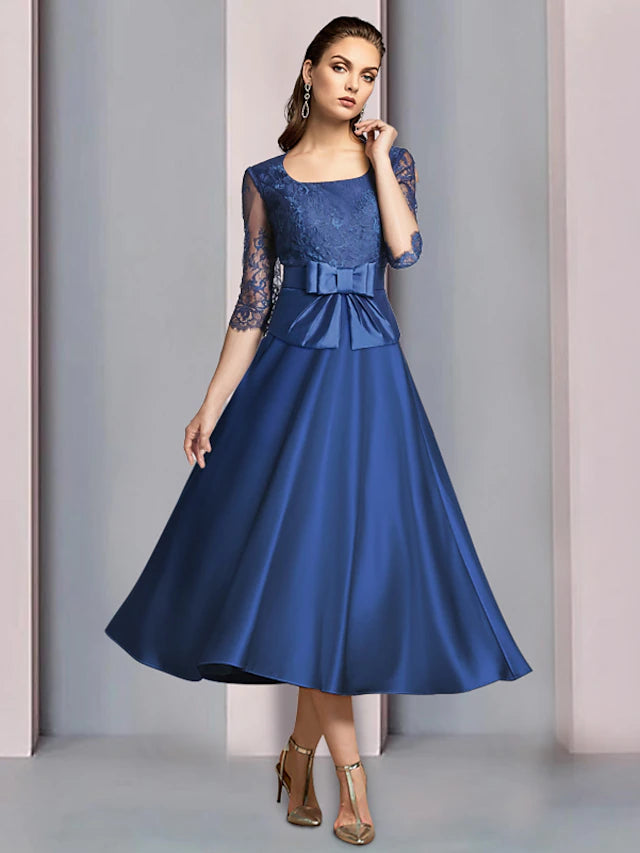 Elegant A-Line Mother of the Bride dress with scoop neck and half sleeves.