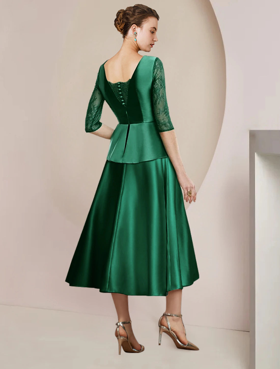 A-Line Mother of the Bride dress featuring satin lace, half sleeves, ruching, and bow details.