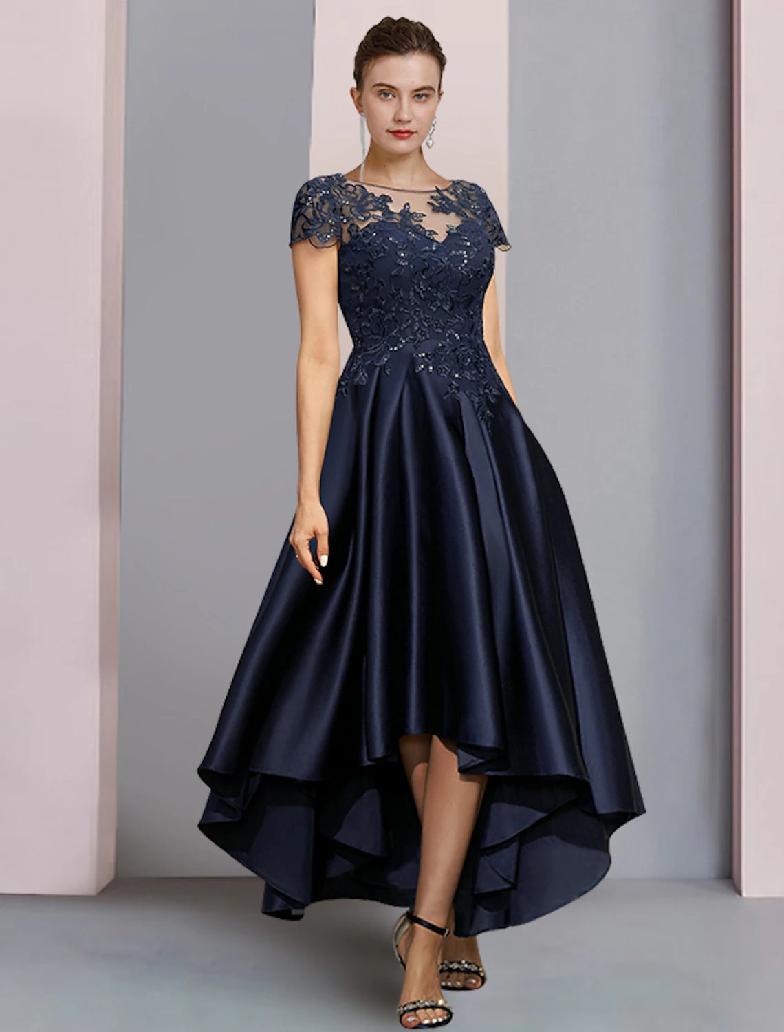 Front view of elegant A-Line Mother of the Bride dress.