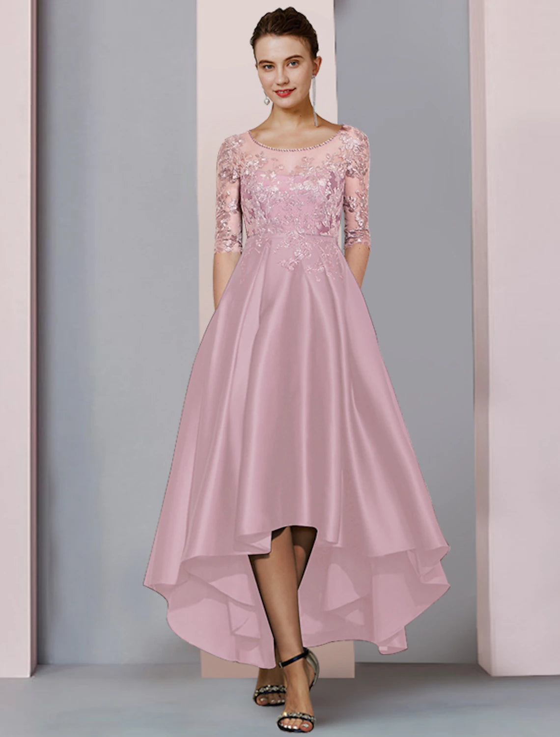 Elegant A-line Mother of the Bride dress with scoop neck, half sleeves, and tea length hem.