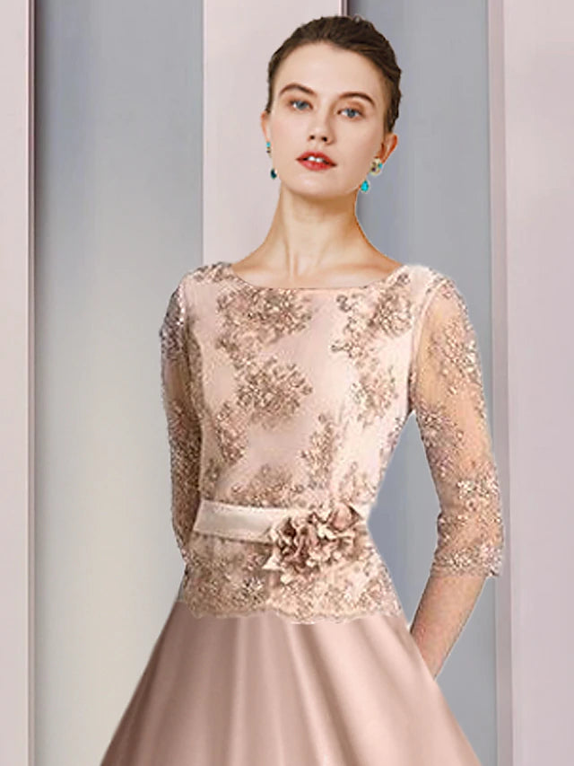 Back view of an A-Line tea length formal dress.