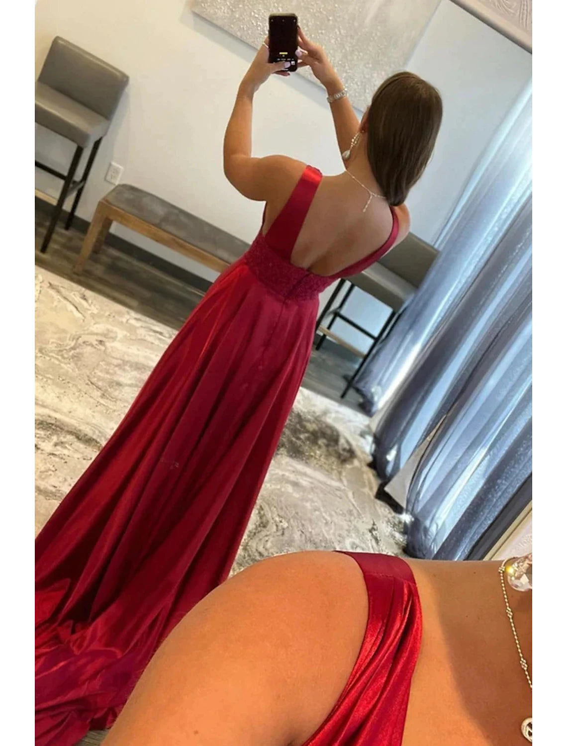 Close-up of the A-line prom dress, highlighting the lace bodice and flowing skirt.
