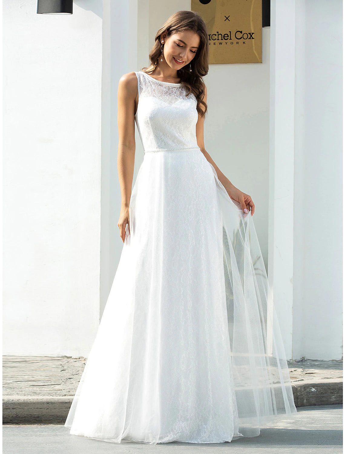 Close-up of the delicate lace on the A-Line wedding dress.