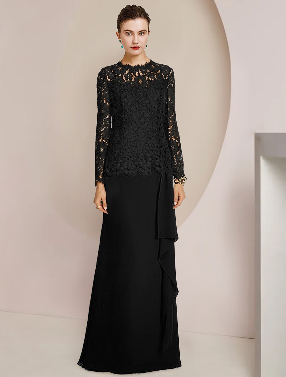 Elegant A-line Mother of the Bride dress with scoop neck, long sleeves, and floor-length chiffon lace.