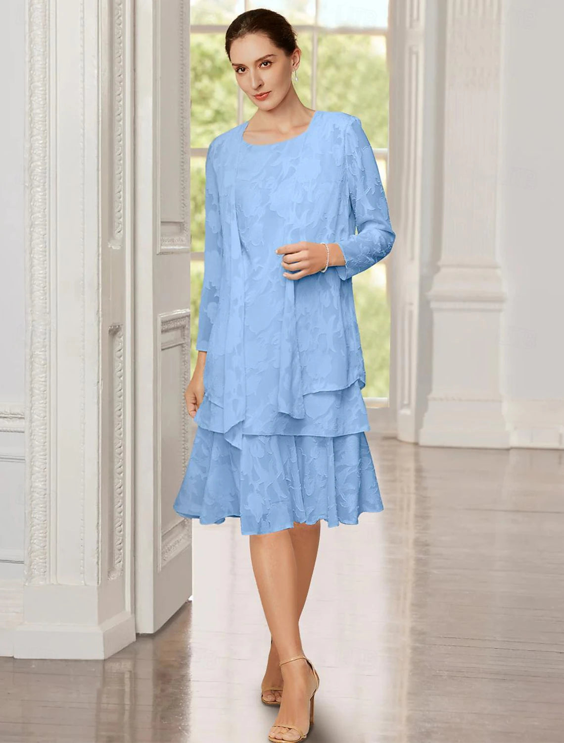 Elegant A-Line chiffon dress with scoop neck, long sleeves, and cascading ruffles.