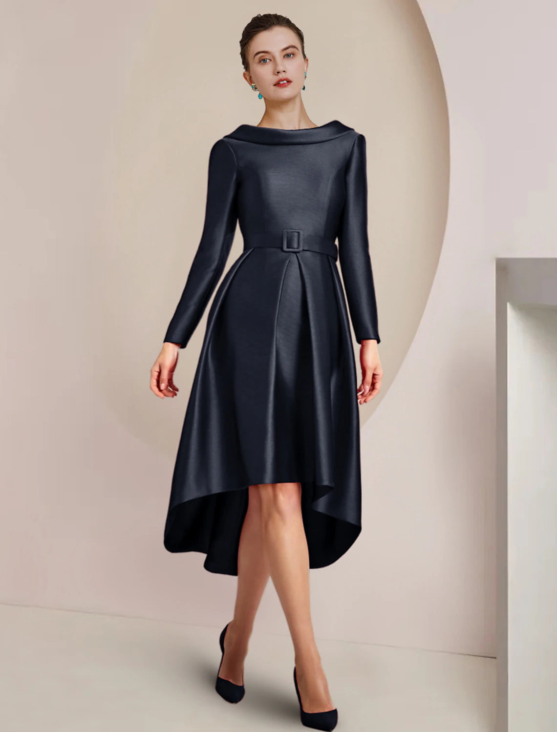 Elegant A-line satin dress with long sleeves and a scoop neck.