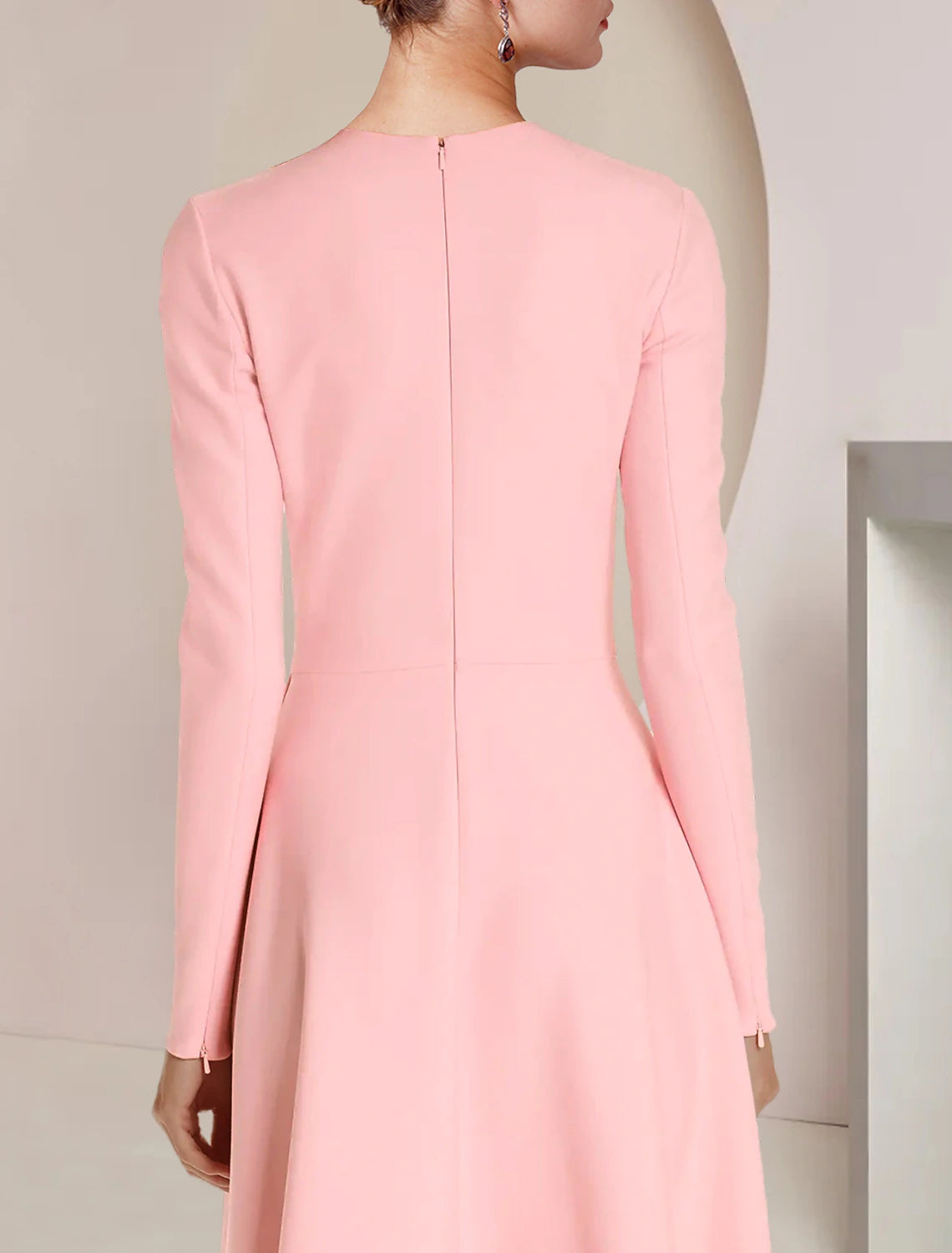 Close-up of the ruffled detail on the A-Line stretch fabric dress.