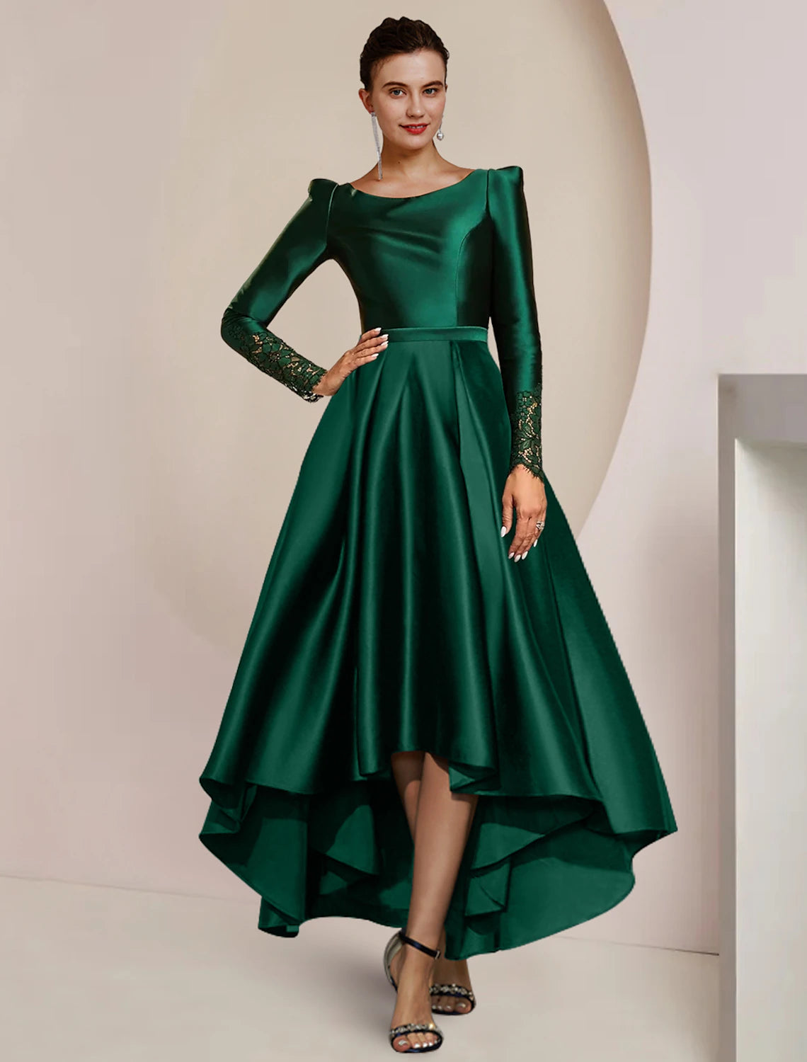 Elegant A-line Mother of the Bride dress with scoop neck and long sleeves.
