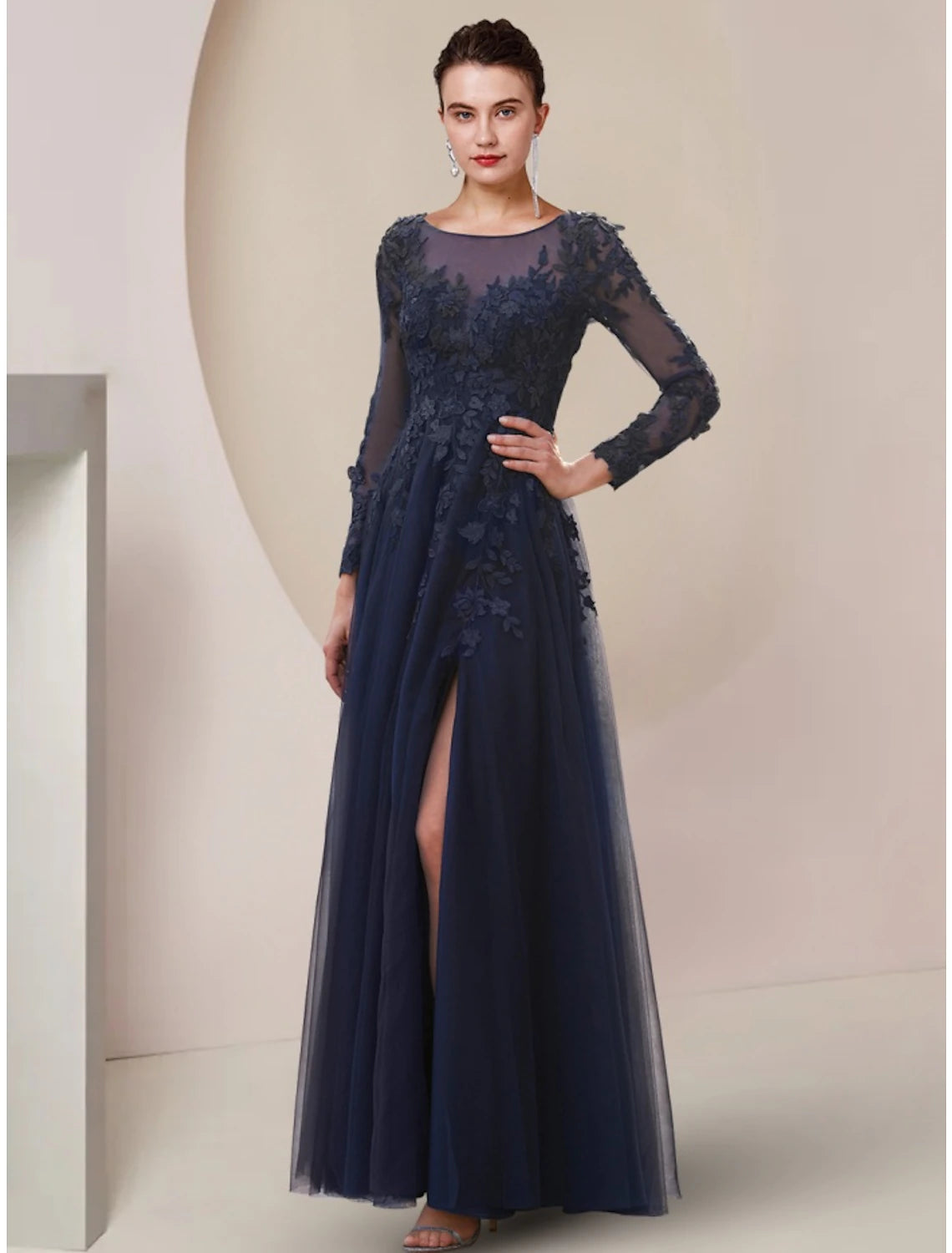Elegant A-Line Mother of the Bride dress with scoop neck, long lace tulle sleeves, and a split front.