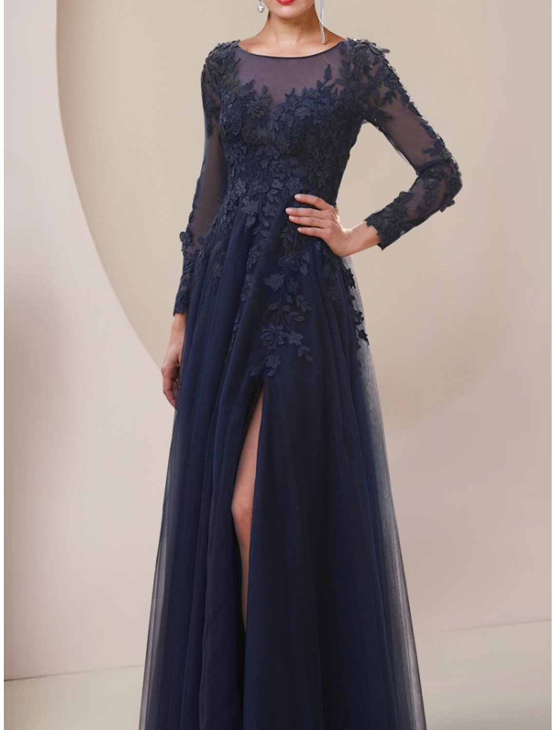 Elegant A-Line Mother of the Bride dress, showcasing the lace tulle fabric and ankle length.