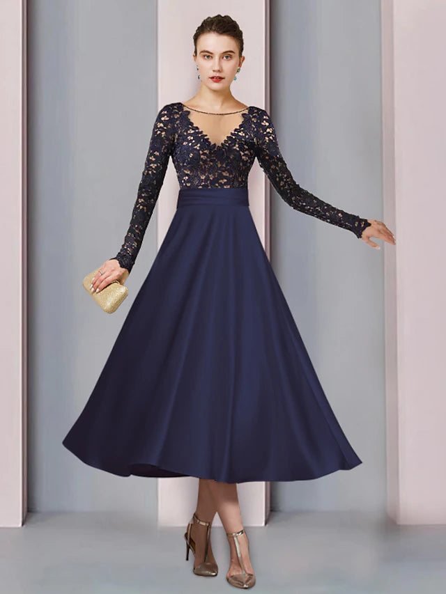 Elegant A-Line Mother of the Bride dress with scoop neck and long sleeves.
