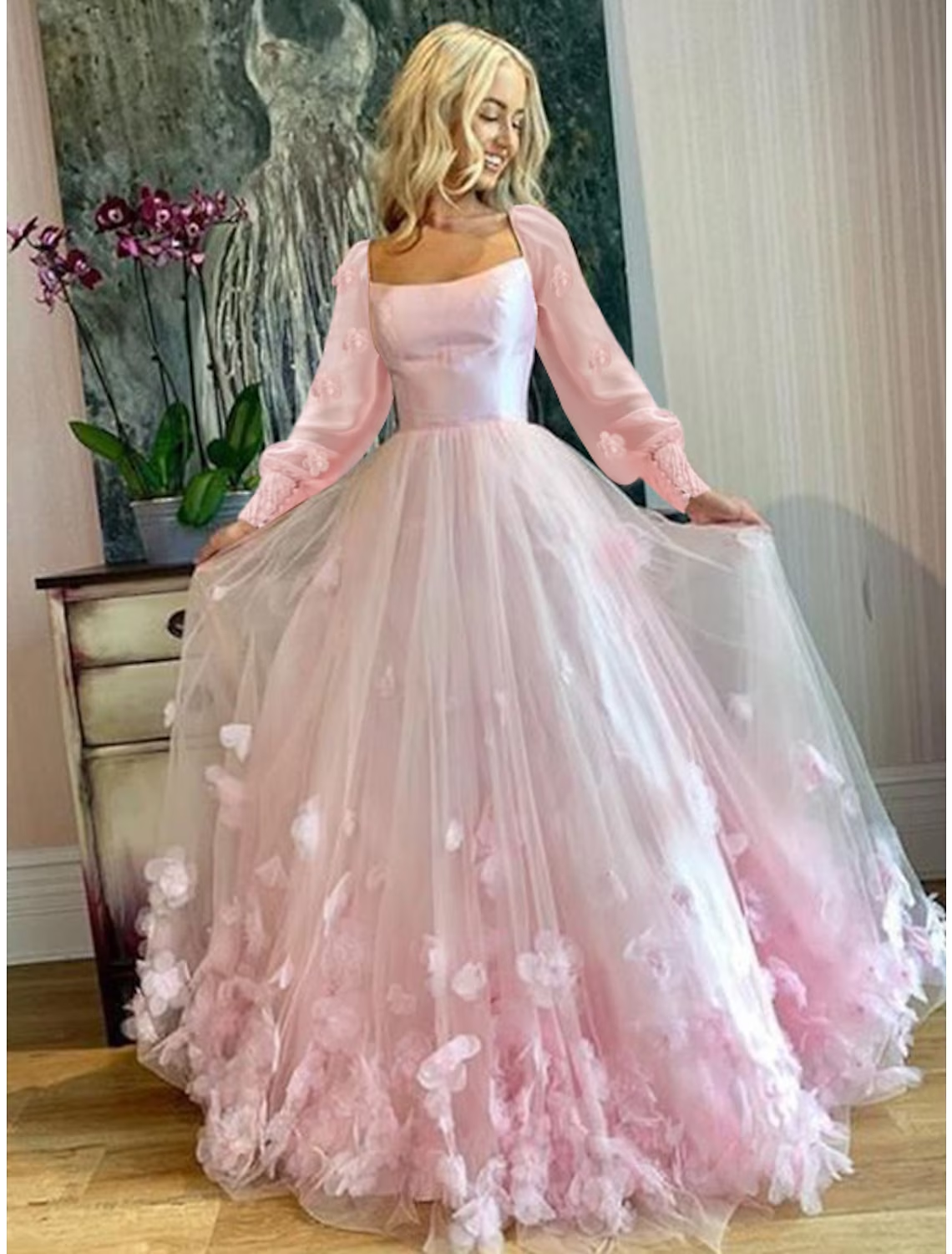 Elegant A-line prom dress with scoop neck, long sleeves, and butterfly appliques.