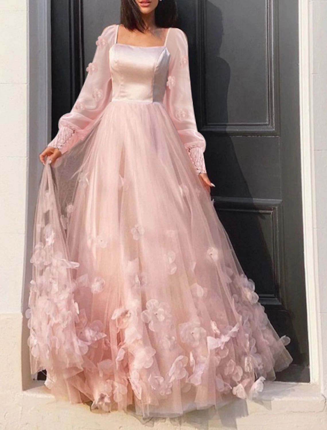 Back view of the A-Line prom dress, showcasing floor-length design and delicate appliques.
