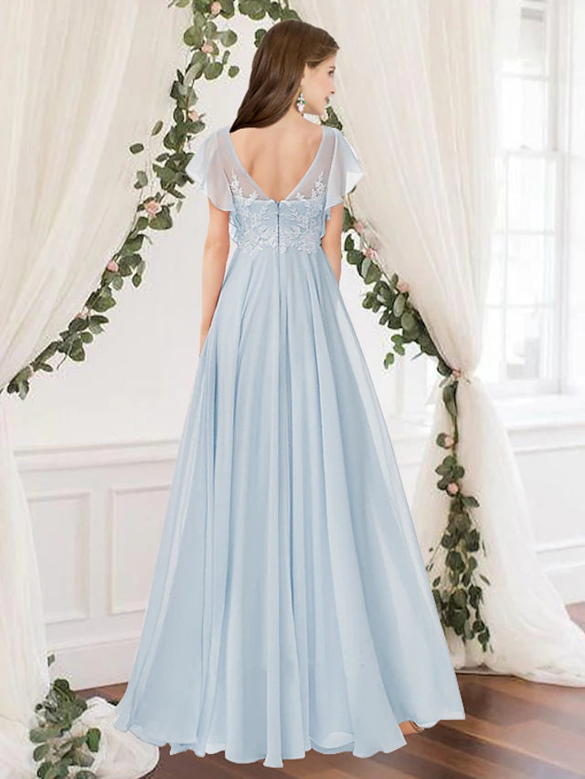 Close-up of the chiffon fabric and delicate appliques on the A-Line bridesmaid dress.