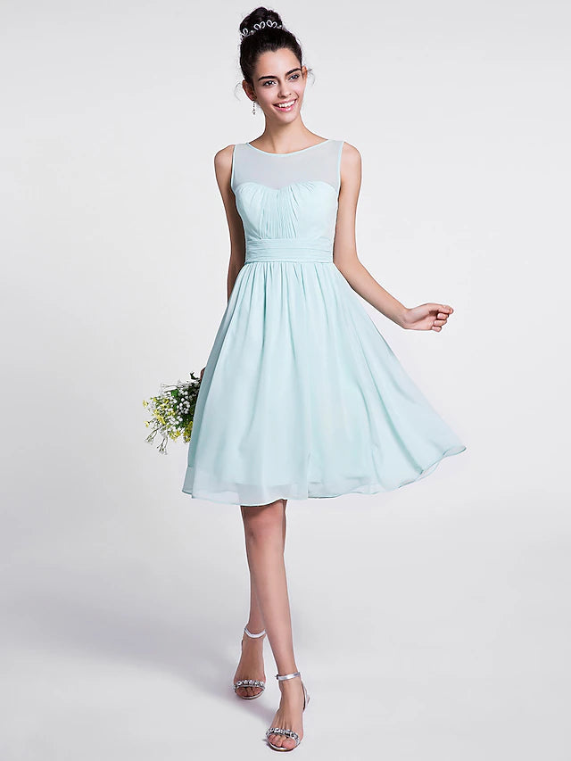 A-Line chiffon bridesmaid dress with scoop neck and ruched draping.