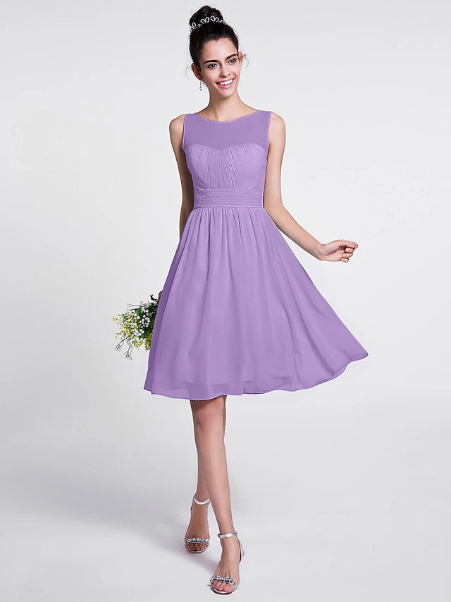 Side view of sleeveless chiffon bridesmaid dress.