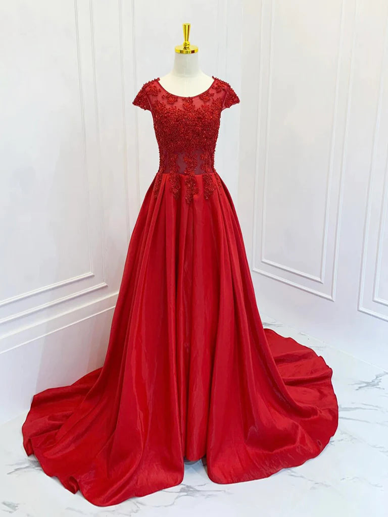 Elegant A-line satin lace prom dress with scoop neckline.