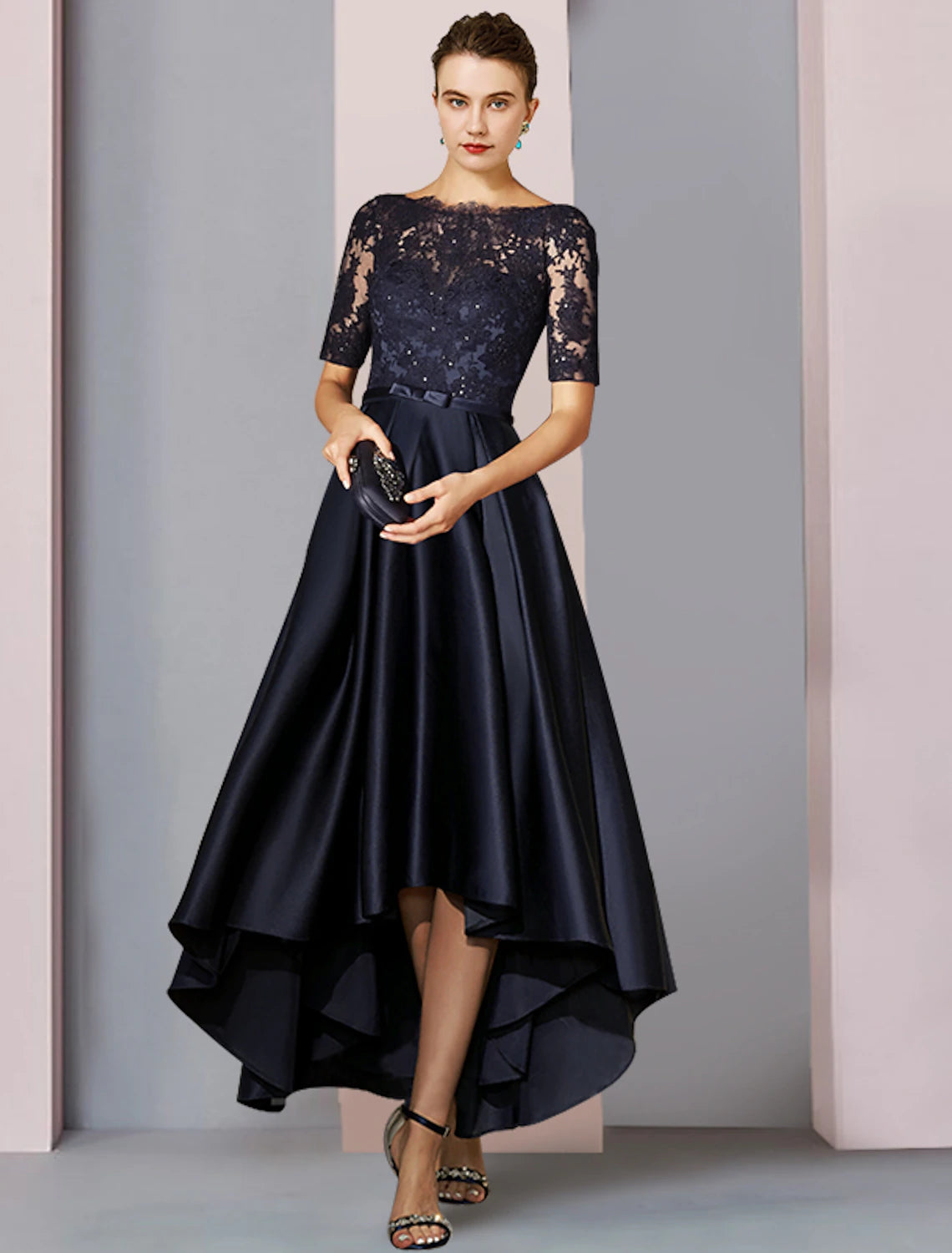 Elegant A-Line Mother of the Bride dress with scoop neck, short sleeves, and high-low hem.
