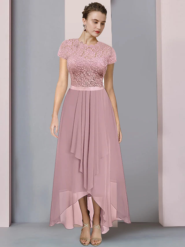 Elegant A-Line Mother of the Bride dress with scoop neck, short sleeves, and high-low tea length hem.