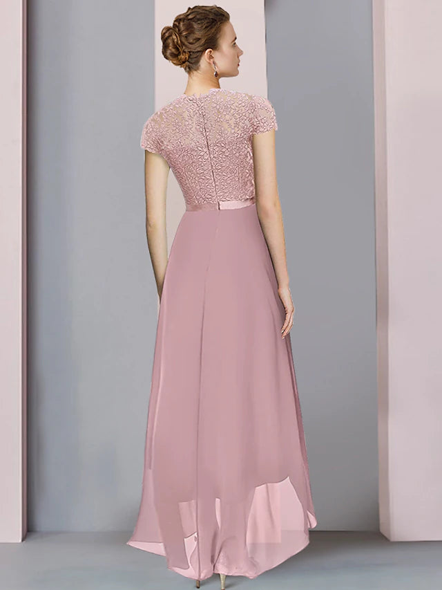 Back view of the A-Line formal gown, highlighting the pleated chiffon and lace details.