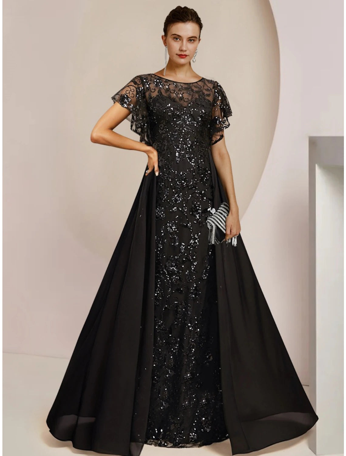 Elegant A-Line Mother of the Bride dress with scoop neck, short sleeves, sequin and lace details, floor length.