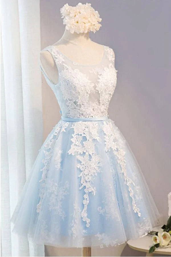 Side view of an A-line short tulle dress with appliques for homecoming.