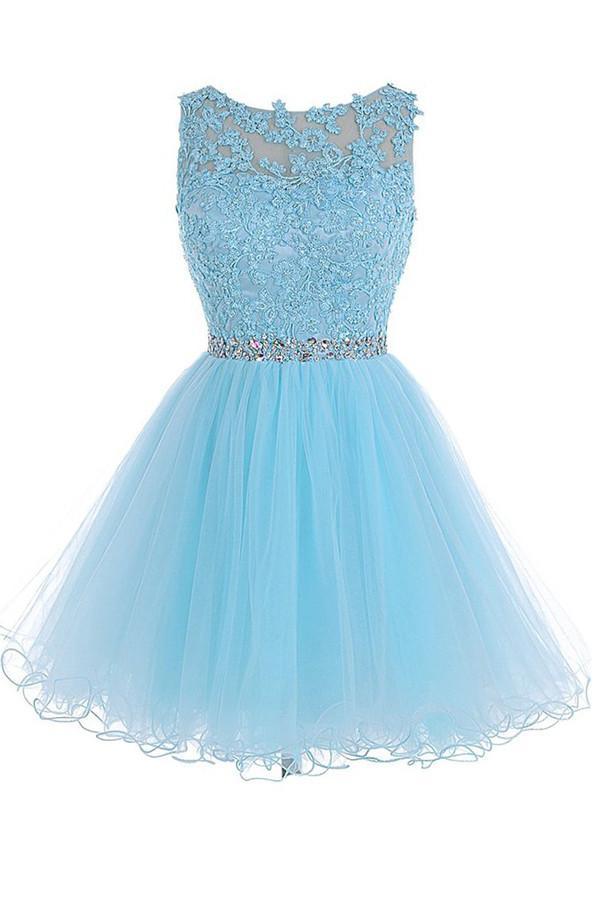 Front view of a blue A-line scoop neck sleeveless short tulle homecoming dress.