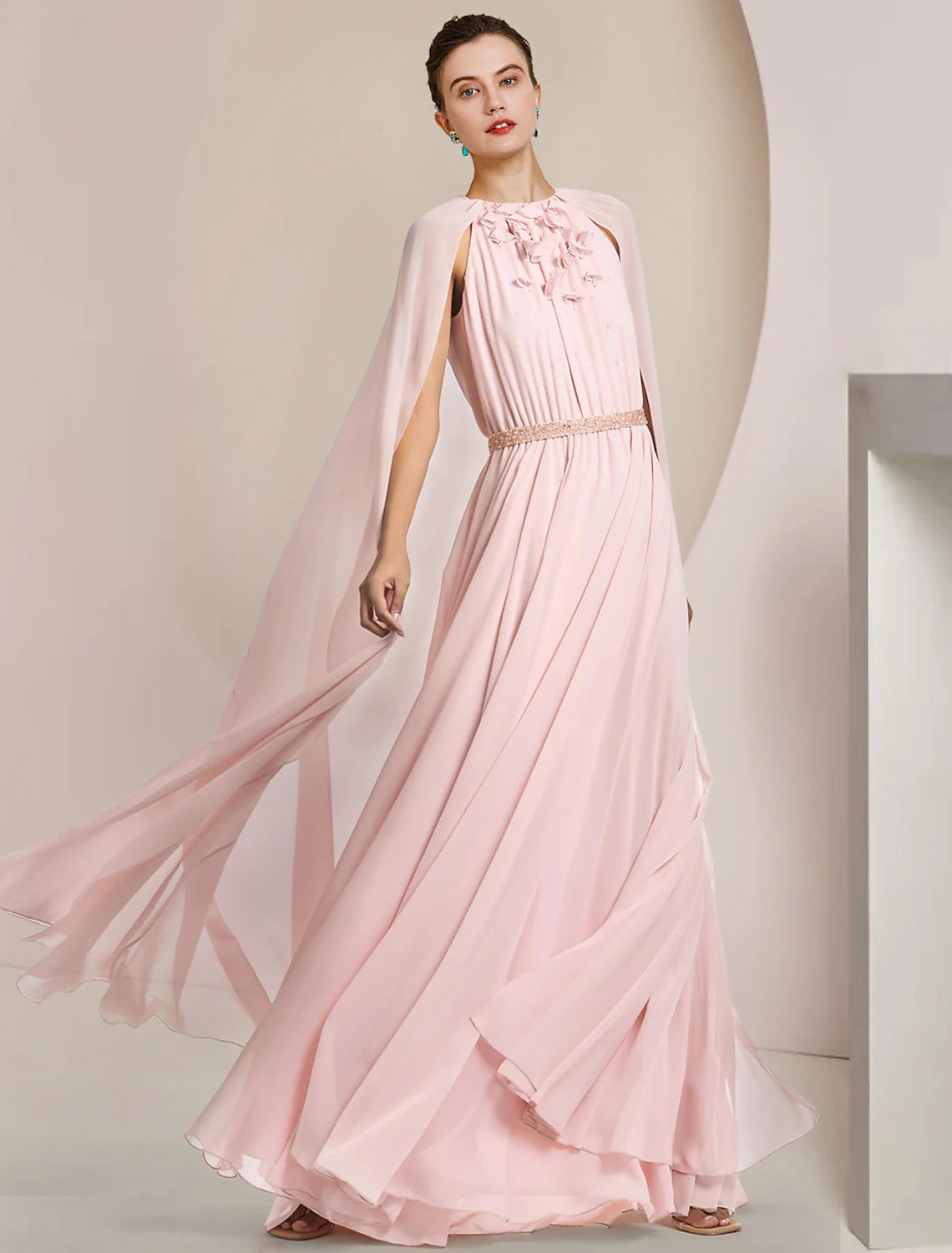 Elegant A-line chiffon dress with scoop neck and sash.