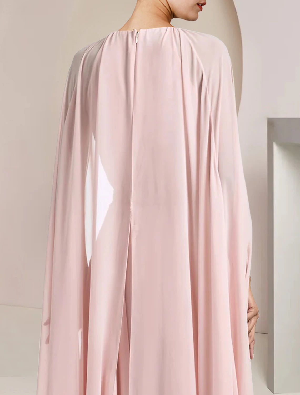 Back view of a floor-length A-line formal dress.