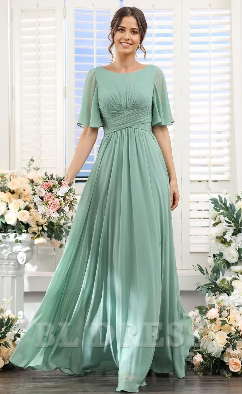 Side view of a woman in a long A-line chiffon dress, highlighting the slit.