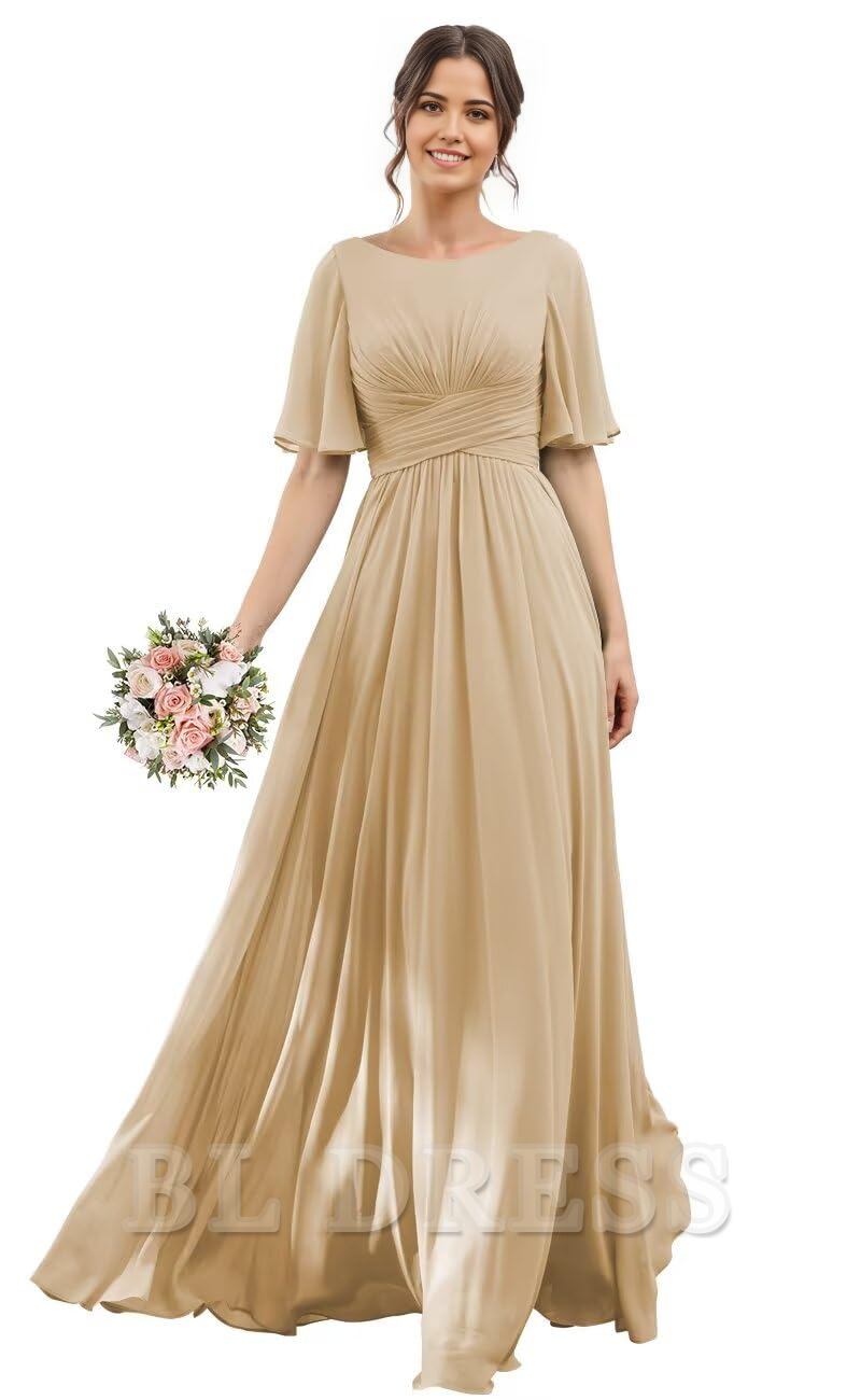 Woman posing in a graceful A-line chiffon evening gown.