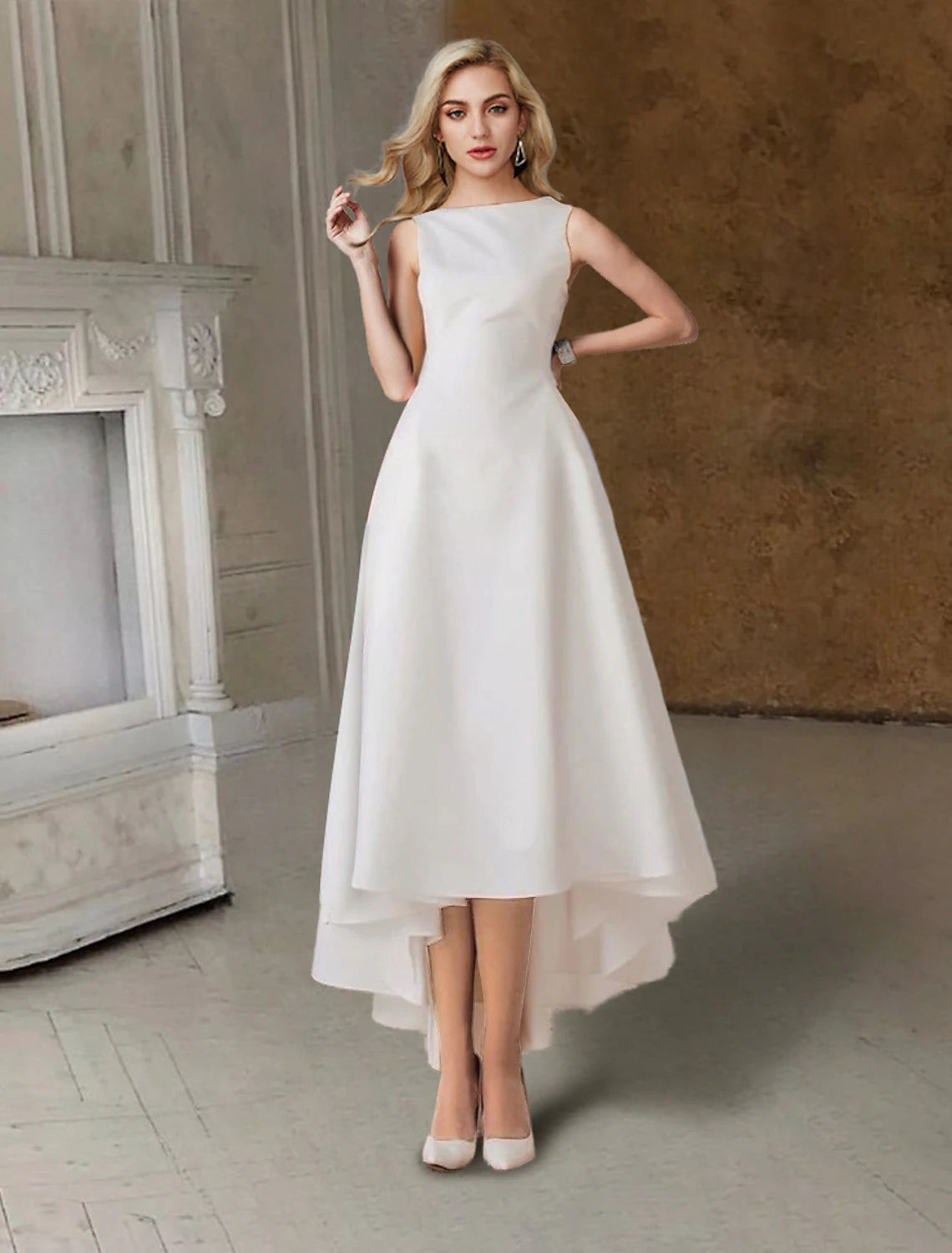 White A-line wedding dress with scoop neck, sleeveless design, tea length, and pleats.