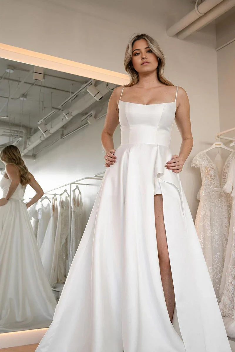 Elegant A-line satin wedding dress with scoop neck and thigh-high slit.