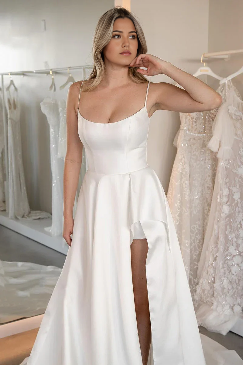 Back view of a sleeveless A-line satin wedding gown with a flowing skirt.