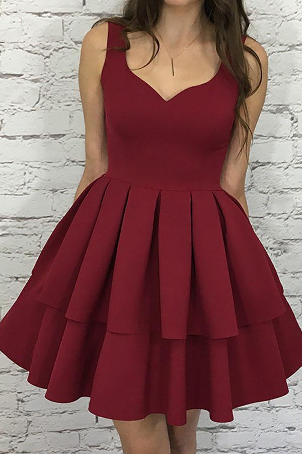 Burgundy A-line scoop neck tiered satin short homecoming dress.
