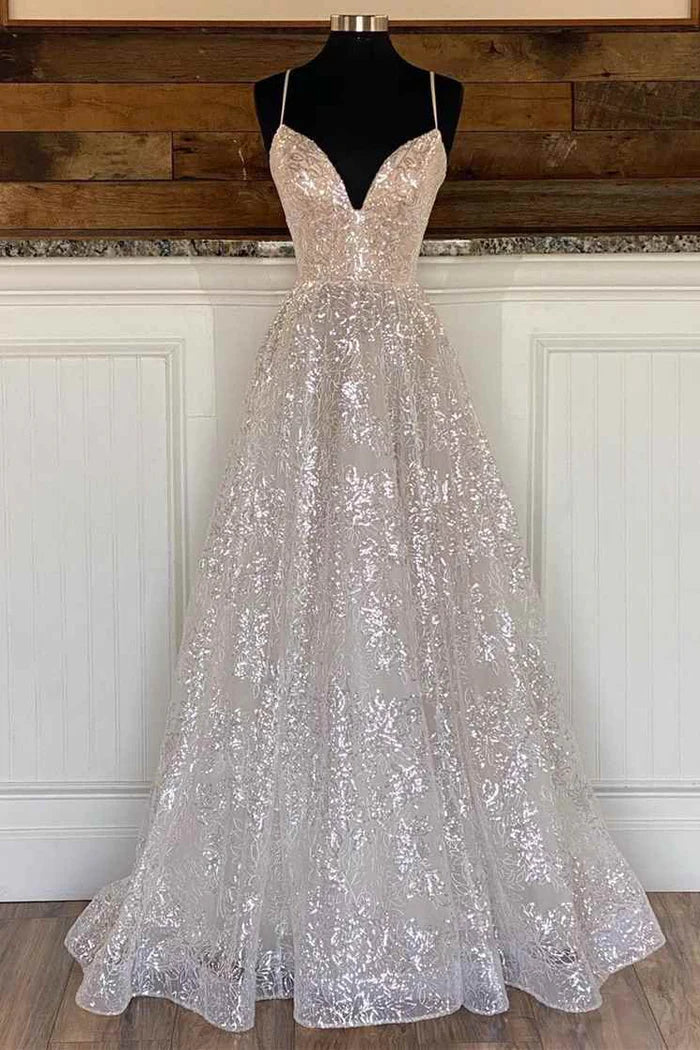 Elegant A-line prom dress with sequin and lace details.
