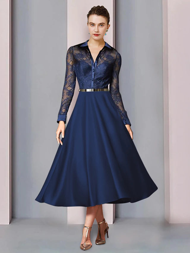 Elegant A-line tea-length dress with shirt collar, long sleeves, satin and lace fabric, and pleats.