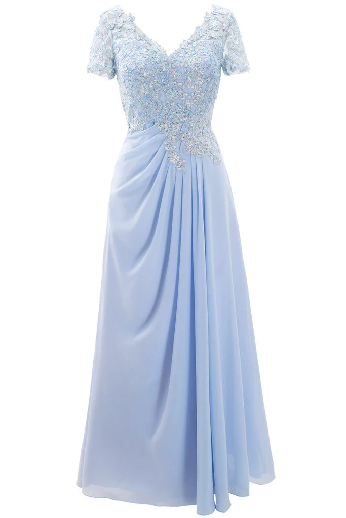 Elegant A-line lace Mother of the Bride dress with short sleeves.
