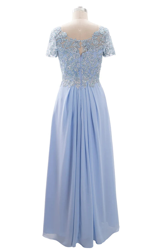 Side view of a woman wearing a formal A-line lace dress.