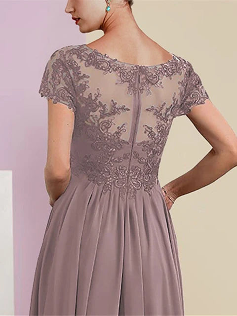 Side profile of A-Line short sleeve wedding guest dress.