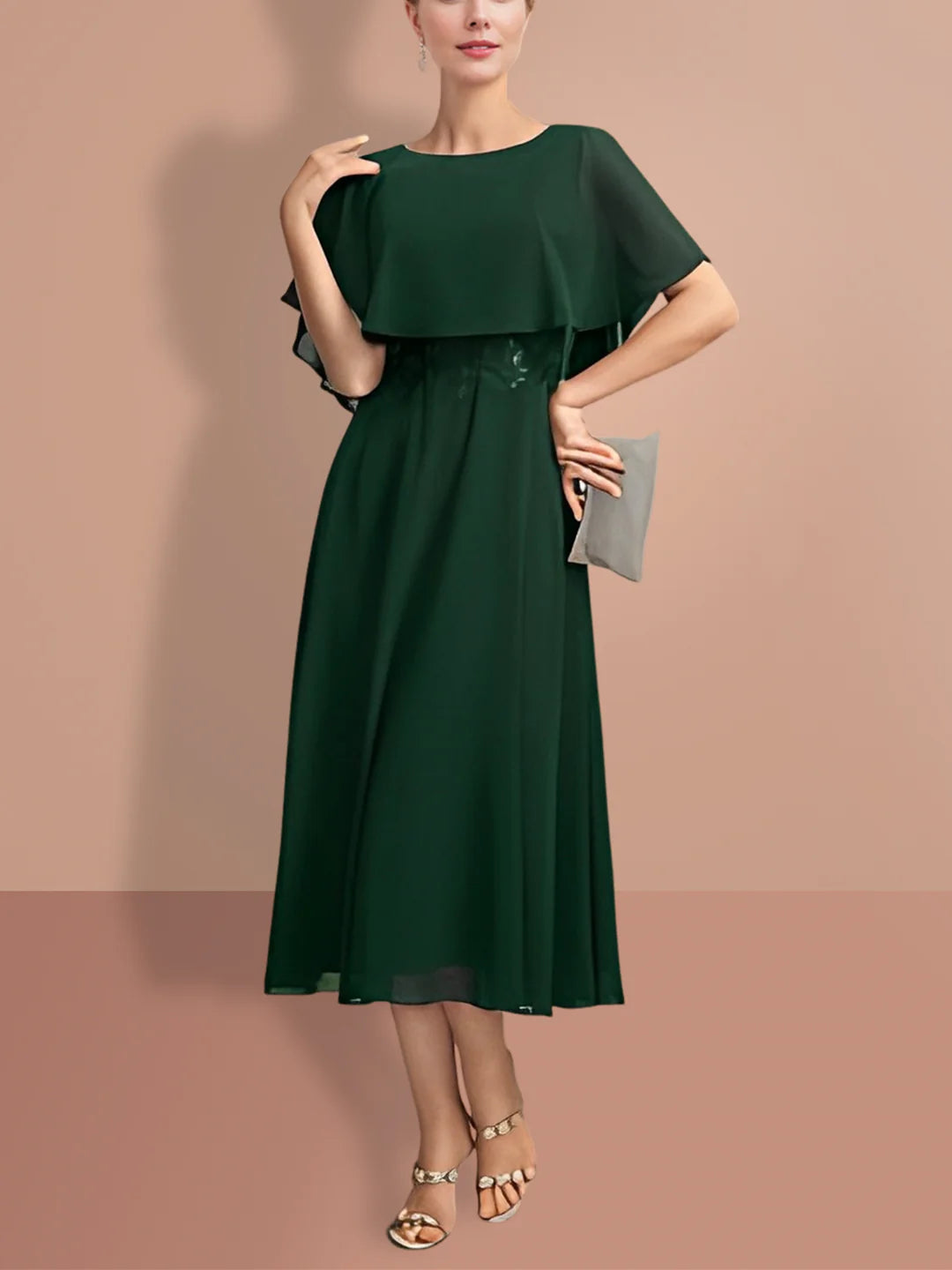 Elegant A-Line short sleeve Mother of the Bride dress in a formal setting.