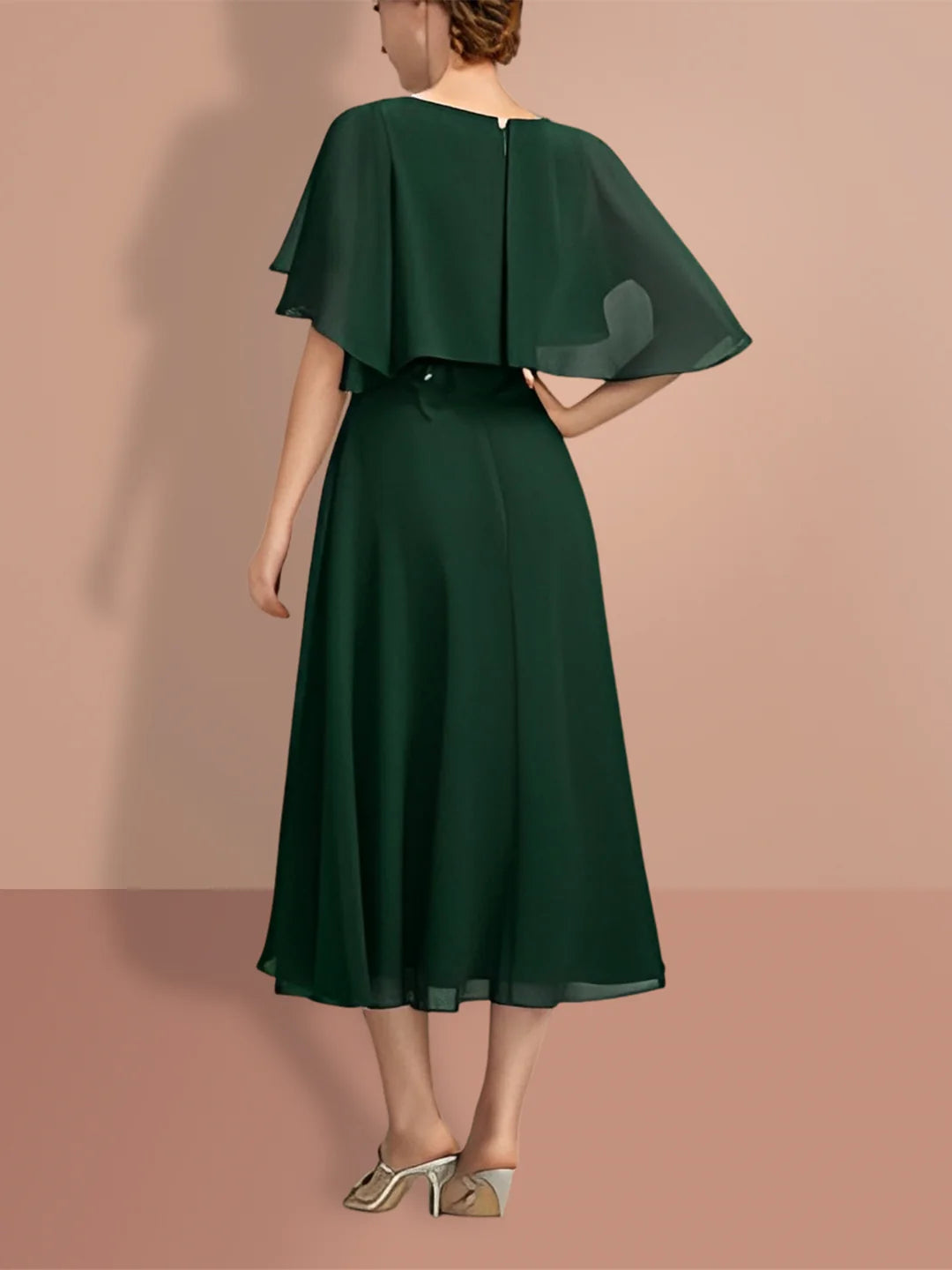 Back view of the A-Line short sleeve formal dress, showcasing its elegant silhouette.