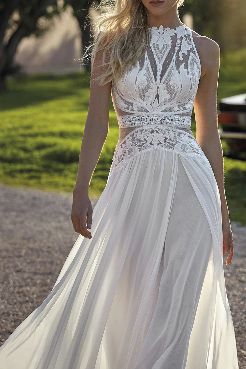 Close-up of the lace and chiffon fabric on an A-Line wedding dress.