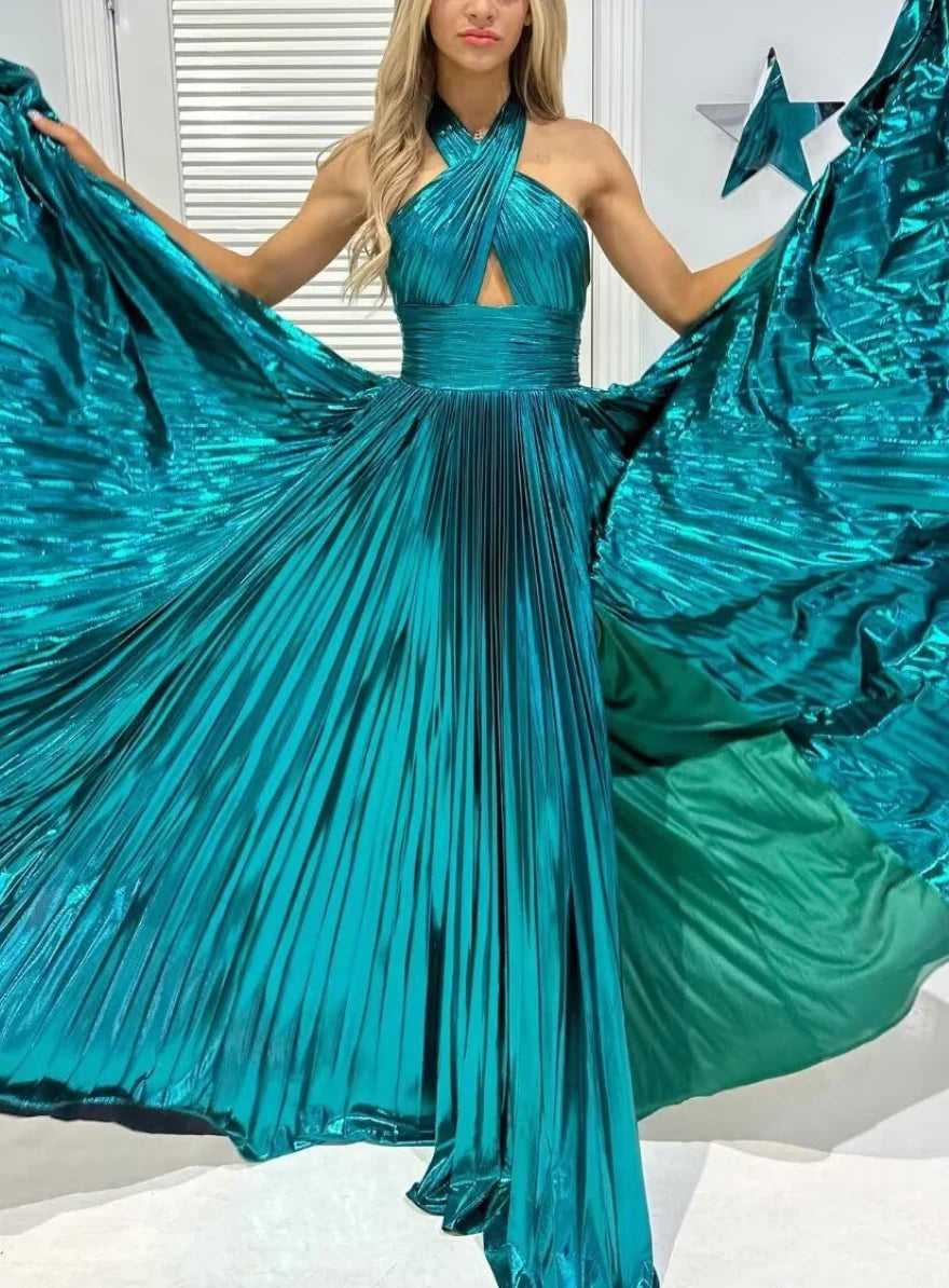 Back view of an A-line sleeveless floor-length formal gown.