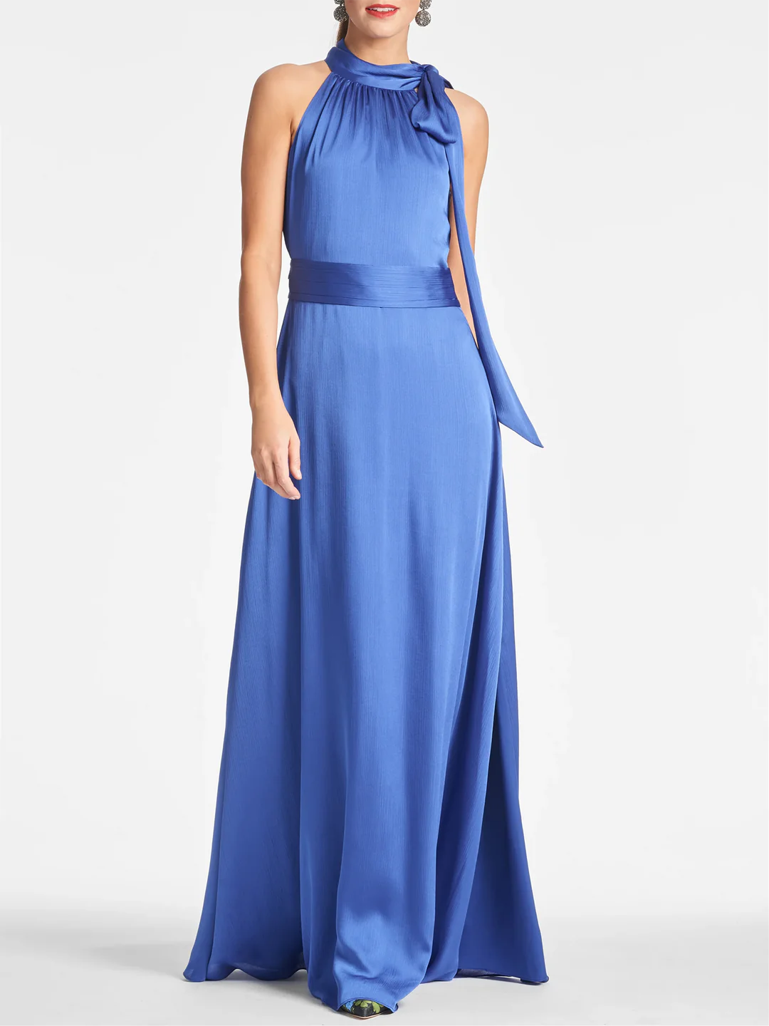 Elegant A-line sleeveless floor-length evening gown.