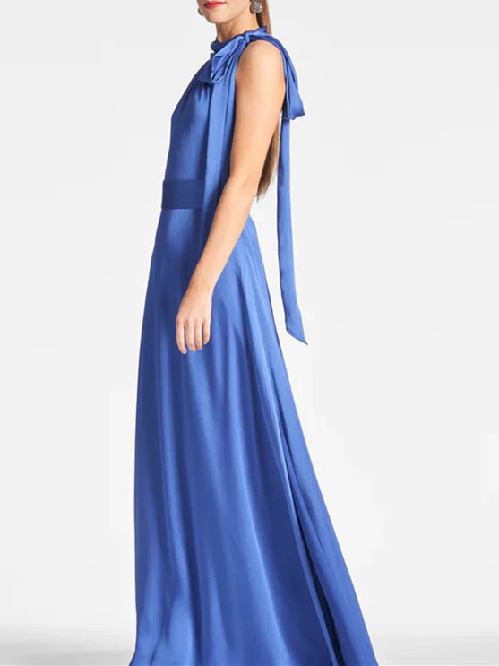 Close-up of the A-line sleeveless evening dress.