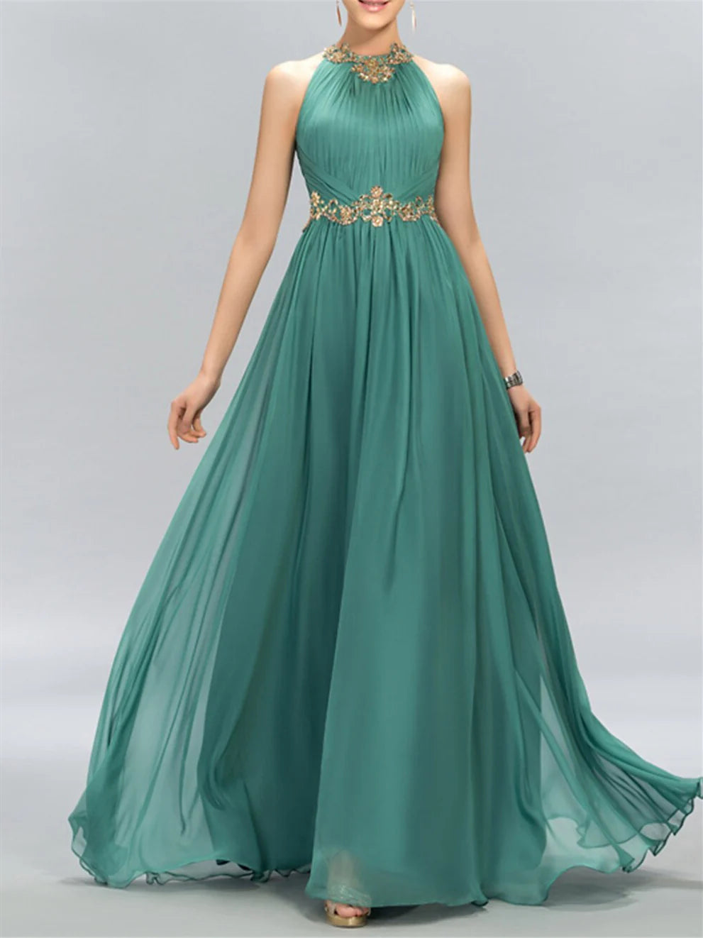 Woman wearing an elegant A-line sleeveless floor-length evening gown in a formal setting.