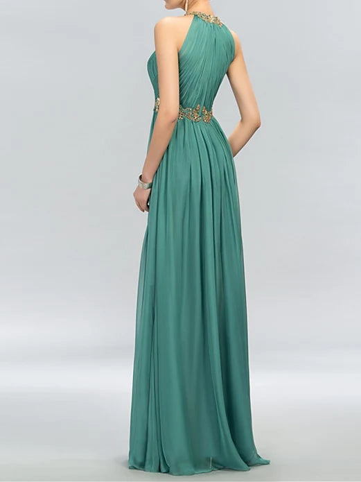 Close-up of the A-line sleeveless evening dress, showcasing the fabric and silhouette.