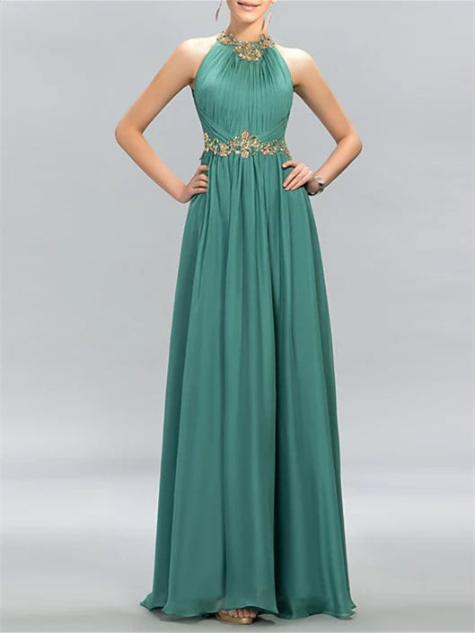 Side view of the A-line sleeveless floor-length gown, highlighting its flowing design.